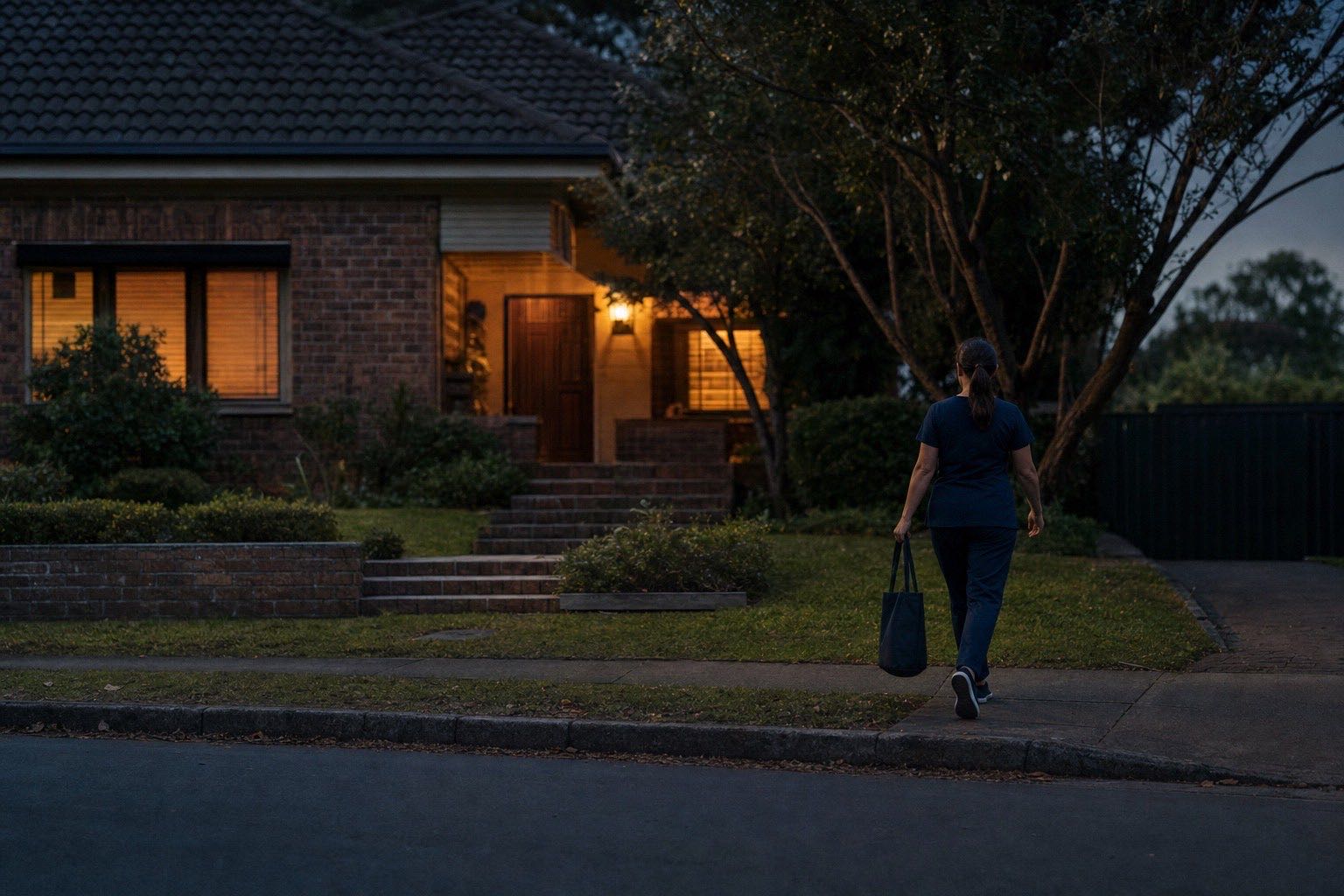 A community care worker arriving for an evening home visit