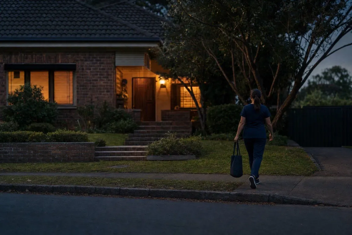 A community care worker arriving at a client's home at dusk