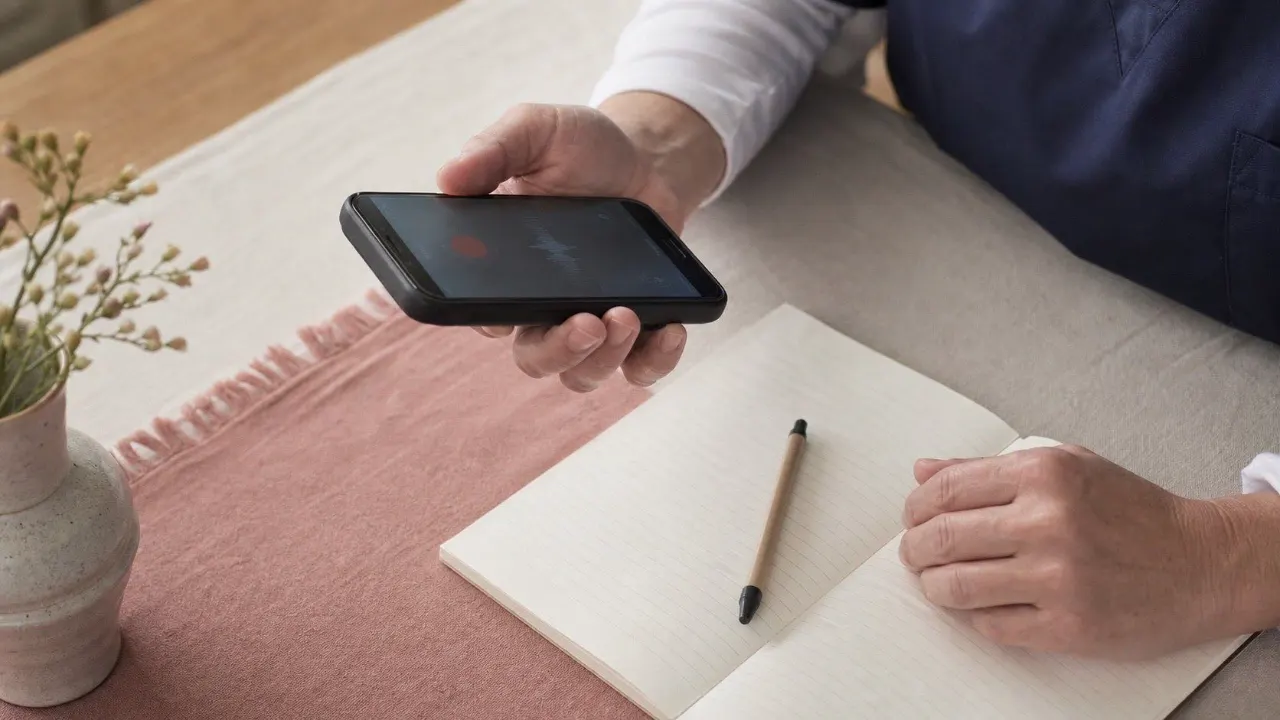 A care worker dictating a note on their phone beside a paper notebook